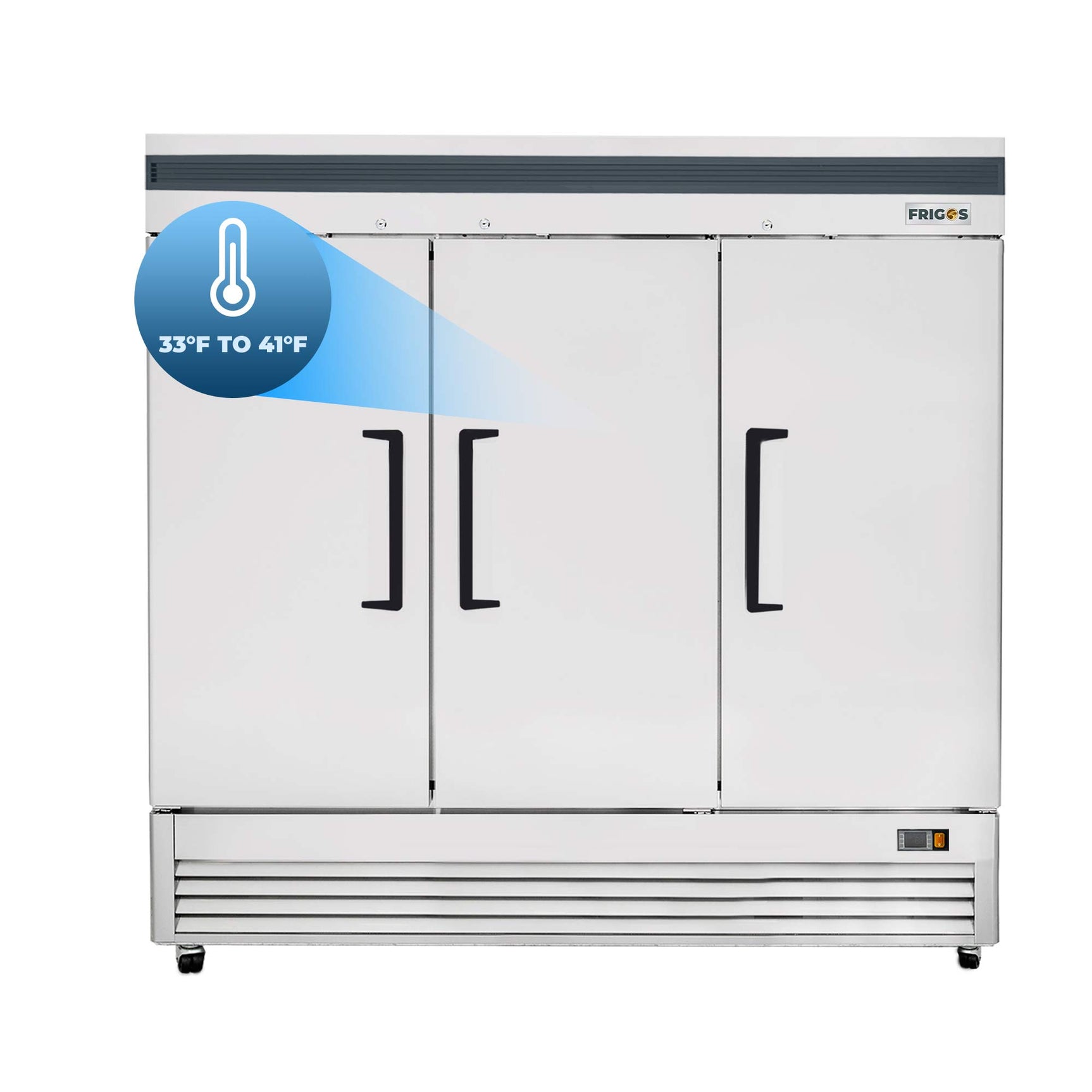 Commercial Reach in Refrigerator 3 Section Solid Door, 78" Width, 72 Cu Ft Frigos Premium FGP-RF-3DBC Stainless Steel Interior and Exterior