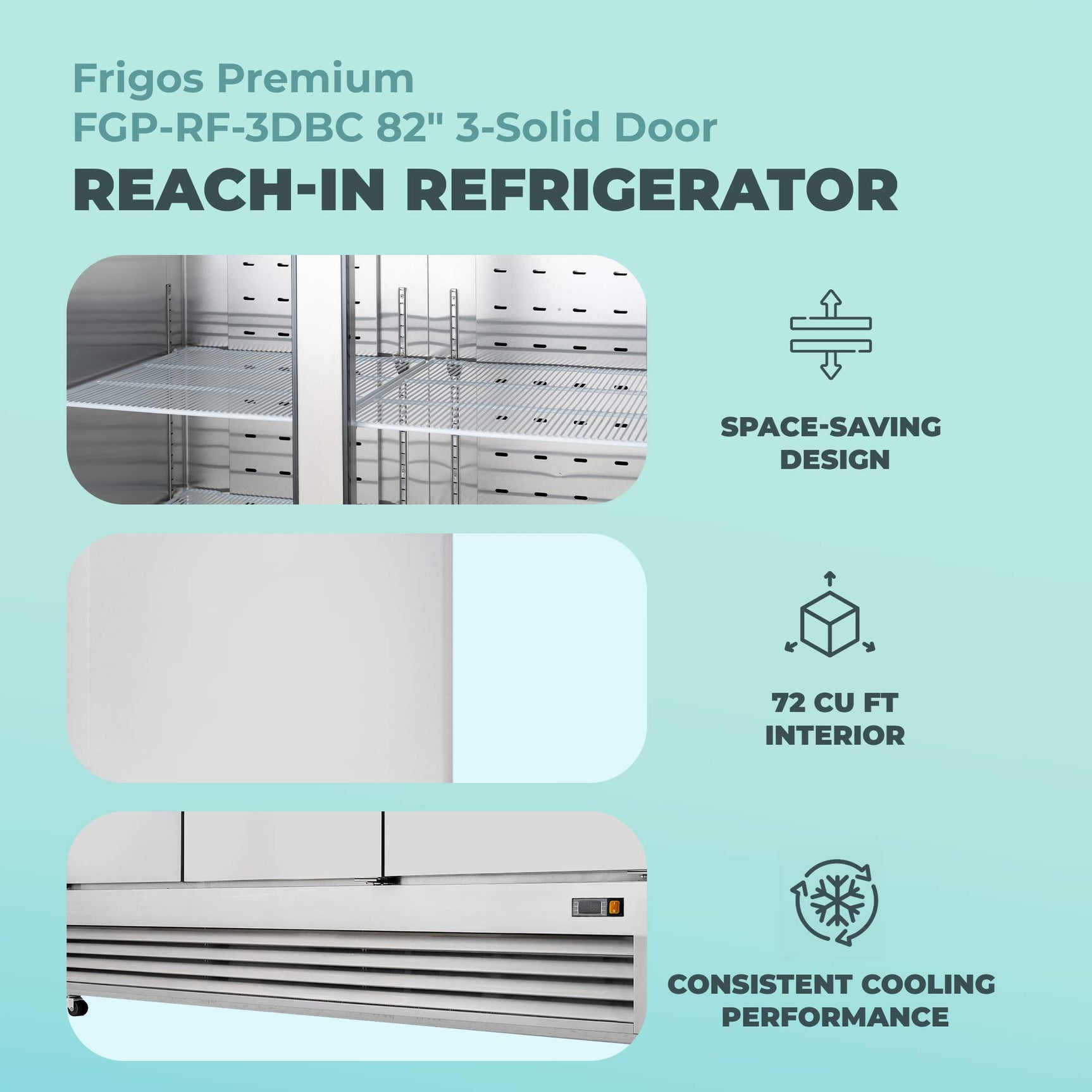 Commercial Reach in Refrigerator 3 Section Solid Door, 78" Width, 72 Cu Ft Frigos Premium FGP-RF-3DBC Stainless Steel Interior and Exterior