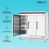 Commercial Reach in Refrigerator 3 Section Solid Door, 78" Width, 72 Cu Ft Frigos Premium FGP-RF-3DBC Stainless Steel Interior and Exterior
