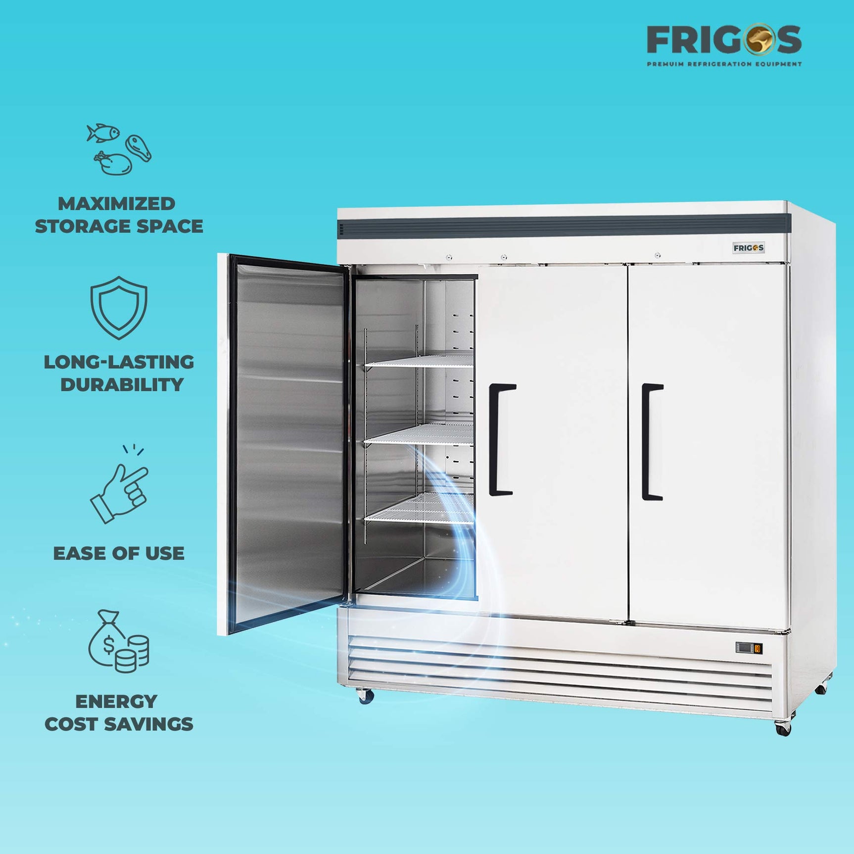 Commercial Reach in Refrigerator 3 Section Solid Door, 78" Width, 72 Cu Ft Frigos Premium FGP-RF-3DBC Stainless Steel Interior and Exterior