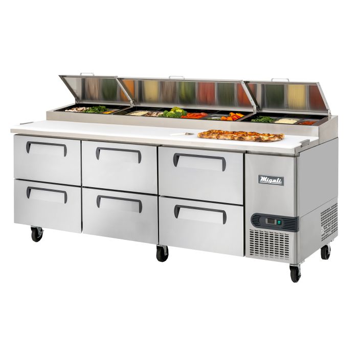 Migali C-PP93-D-HC 93" Three Section Refrigerated Pizza Prep Table with 6 Drawers, 20 Cu. Ft.