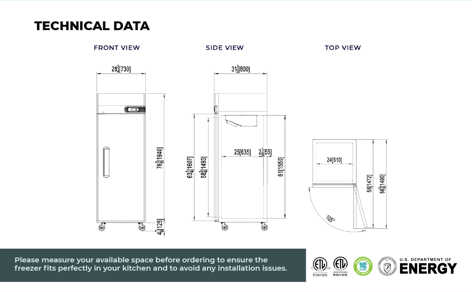 Commercial Reach in Freezer 1 Section Solid Door, 23 Cu Ft Frigos Premium FGP-FZ-1D Stainless Steel Interior and Exterior