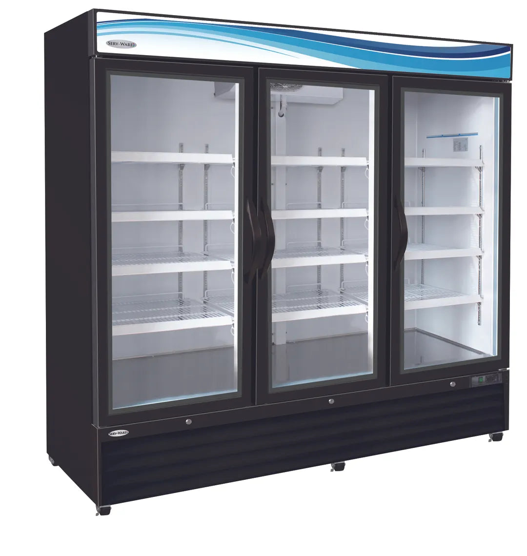 Serv-Ware GR72B-HC 81" 3 Door Merchandising Refrigerator - Black, 72 Cu. Ft.