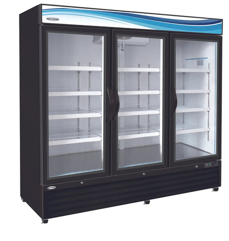 Serv-Ware GR72B-HC 81" 3 Door Merchandising Refrigerator - Black, 72 Cu. Ft.