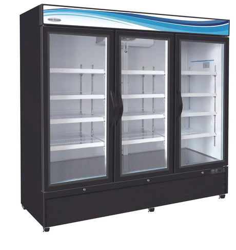 Serv-Ware GF72B-HC 81" 3 Glass Door Freezer Merchandiser - Black, 72 Cu. Ft.