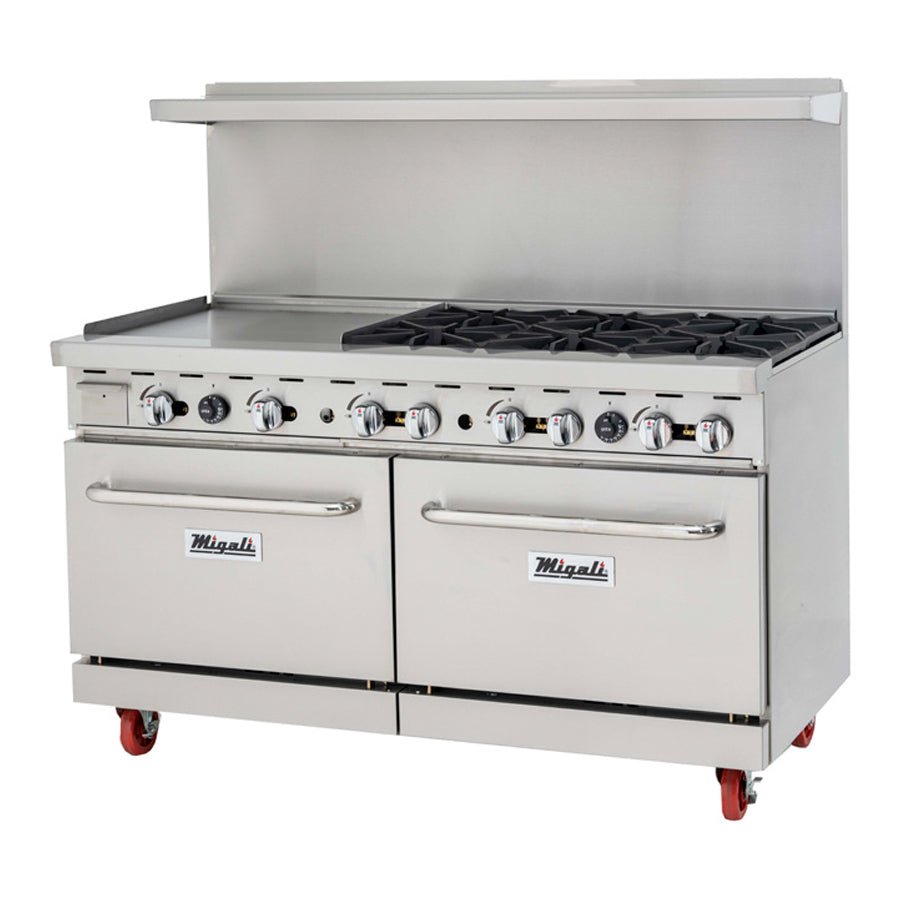 Migali C-RO6B-24GL-NG 60" Natural Gas 6 Burner Range with 2 Ovens with 24" Griddle - 294,000 BTU - Kitchen Pro Restaurant Equipment