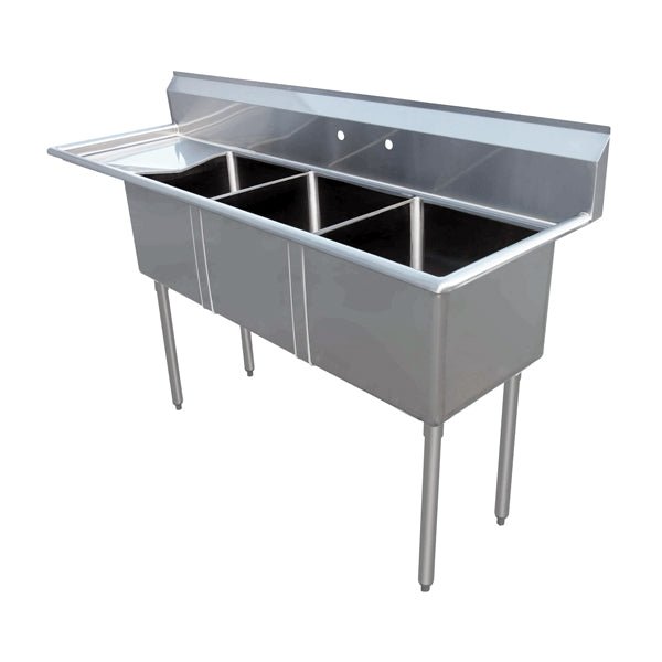 Three Tub Sink 10X14X10 with Center Drain and Left Drain Board - Kitchen Pro Restaurant Equipment