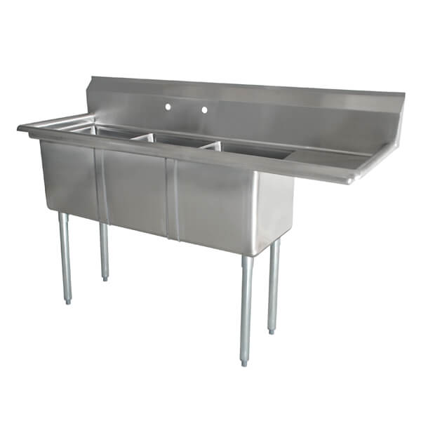 Three Tub Sink 10X14X10 with Center Drain and Right Drain Board - Kitchen Pro Restaurant Equipment