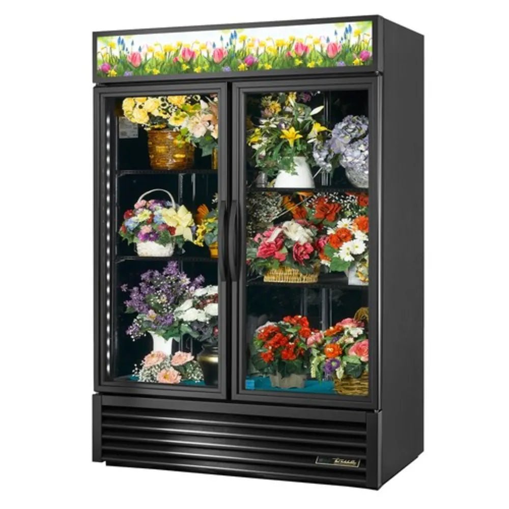 True GDM-49FC-HC-TSL01 2 Section Floral Cooler With Swinging Door - Black, 115v - Kitchen Pro Restaurant Equipment