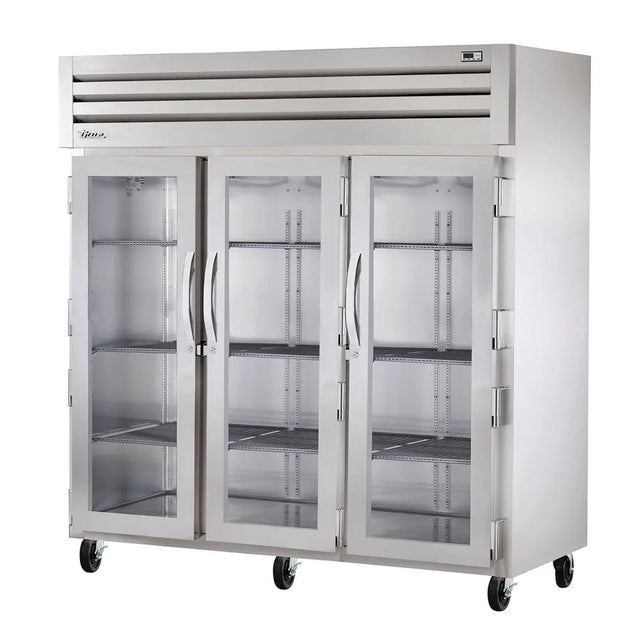 True STR3R-3G 77 3/4" Three Section Reach In Refrigerator, (3) Left/Right Hinge Glass Doors, 115v - Kitchen Pro Restaurant Equipment